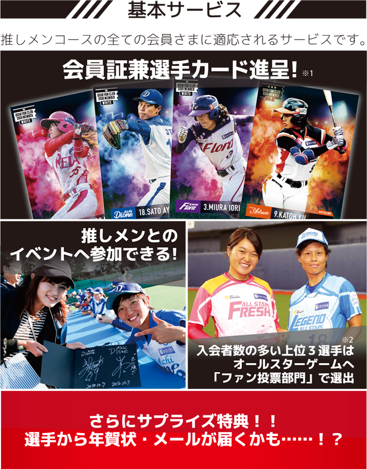 基本サービス・・・推しメンコースの全ての会員さまに適応されるサービスです。1.会員証進呈。2.推しメンとのイベントへ参加できる。3.さらにサプライズ特典!選手から年賀状・メールが届くかも?!